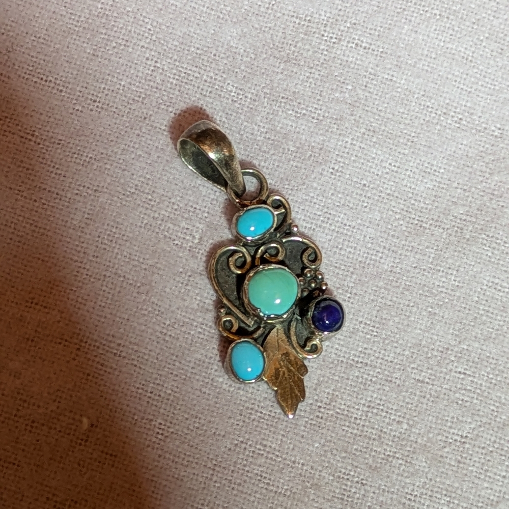 Elegant Authentic Blue And Green Turquoise and Lapis In Sterling Silver Pendant